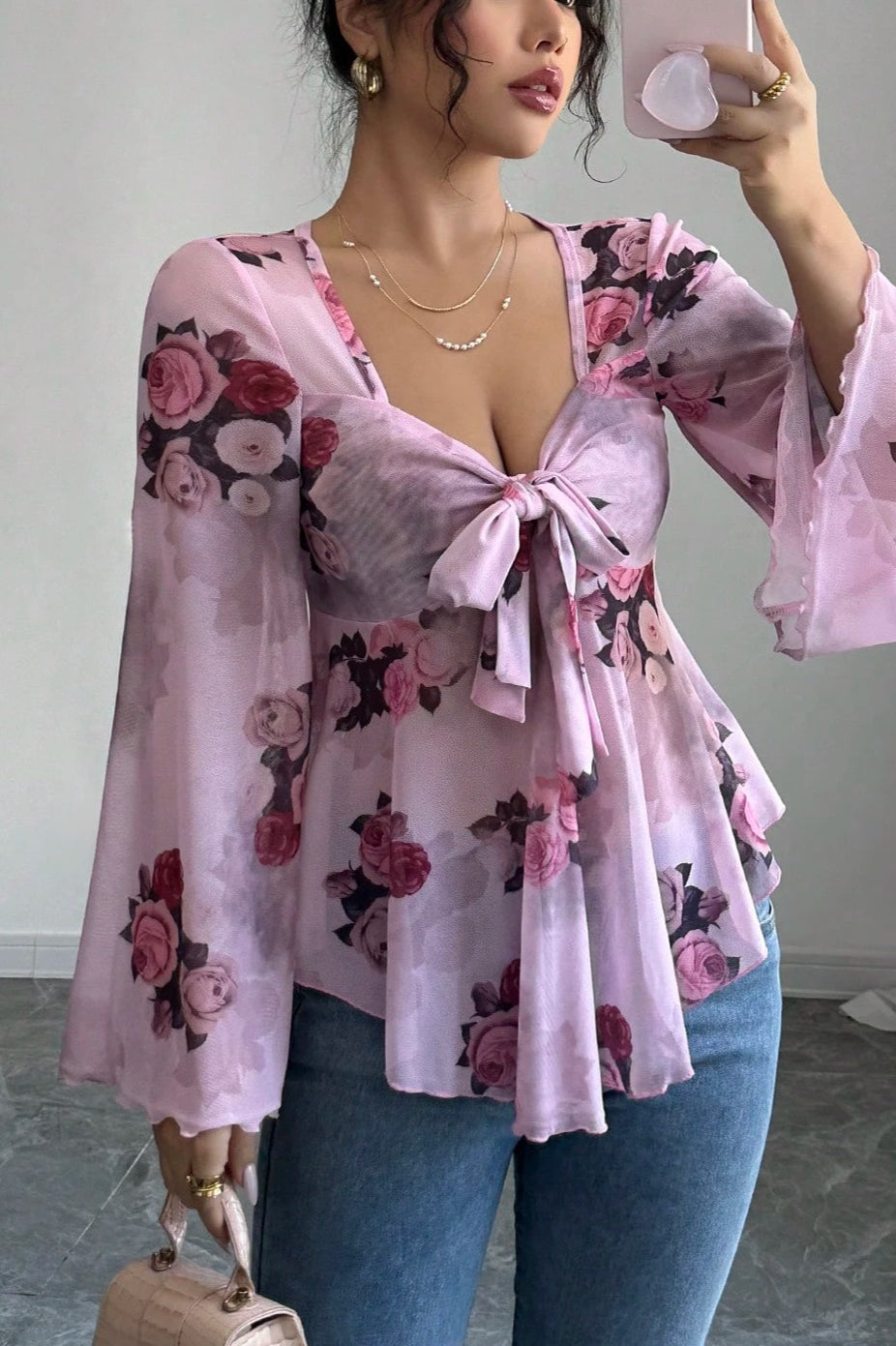 Floral Tie Dye Square Neck Tie Long Sleeve Blouse