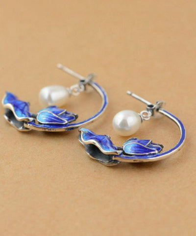 Pendientes de aro de plata de ley azul con incrustaciones de cloisonné y perla de loto para mujer 