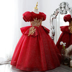 Mädchen-Weihnachtskleid, Baby-Kommunionskleid, luxuriöses rotes besticktes Prinzessinnenkleid für Hochzeiten und Partys 
