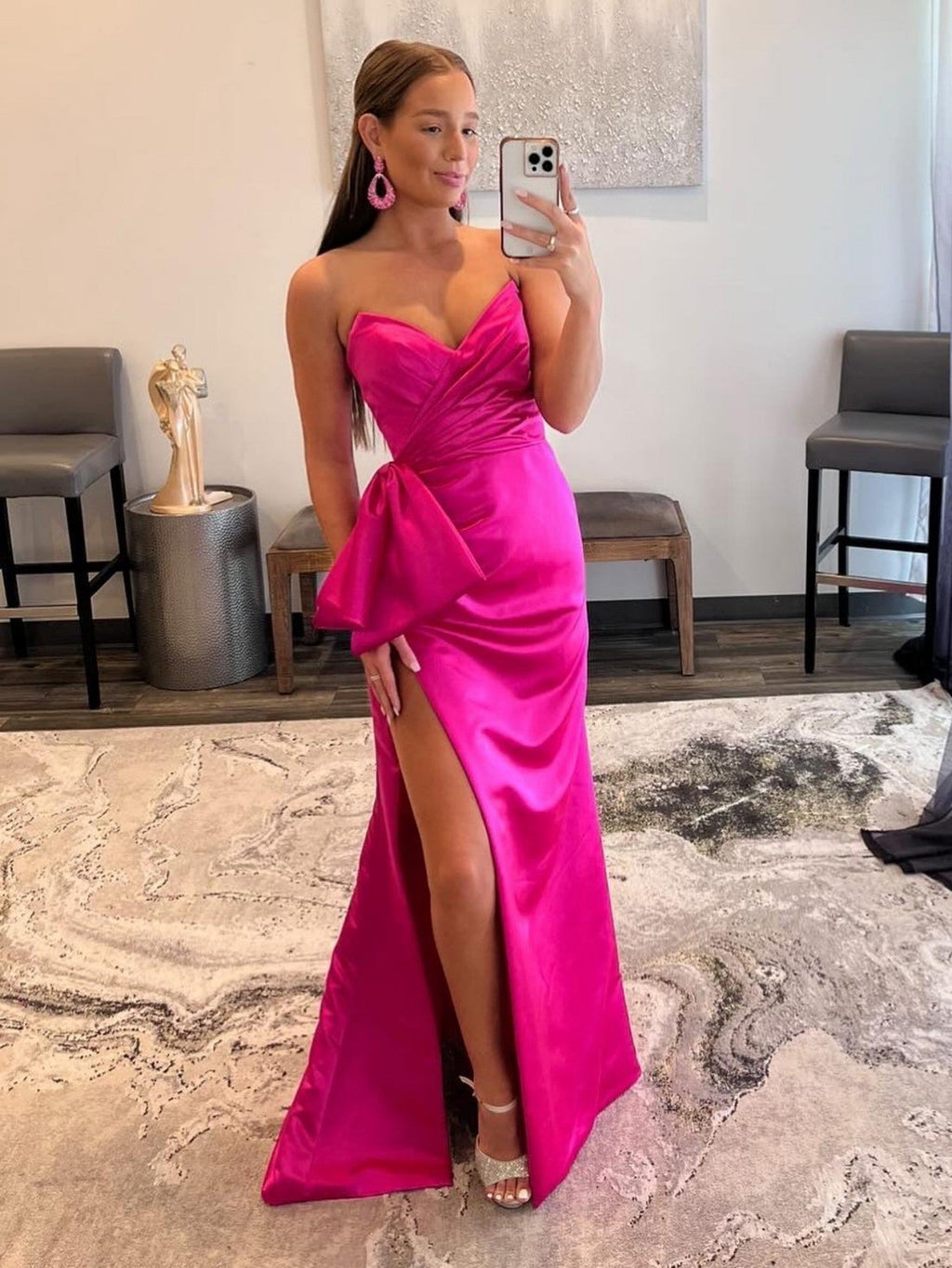 Meerjungfrauen-Abendkleid aus Satin, trägerlos, lang, mit Schleife