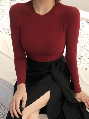 Camiseta fina de algodón para mujer, camiseta de manga larga, estilo coreano, ajustada, elástica, para primavera 