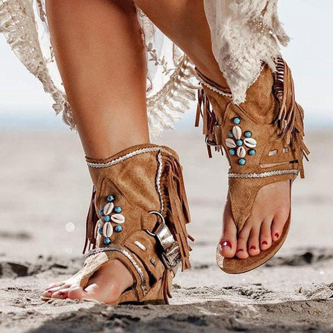 Women Retro Clip Toe Sandals Ladies Gladiator Vintage Boots Casual Tassel Rome Summer Beach Woman Shoes Female New