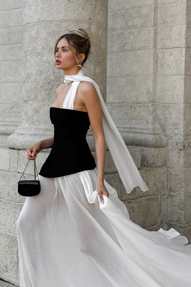 Elegant Flared Wavy Trim Color Block Maxi Dress