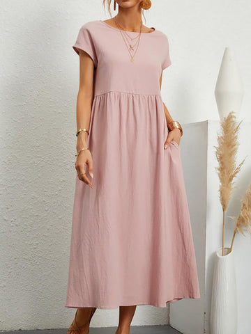 Vestidos midi holgados de manga corta, plisados, de color liso y cuello redondo 