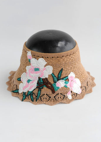 Sombrero flexible para el sol de algodón tejido con bordado floral color caqui 