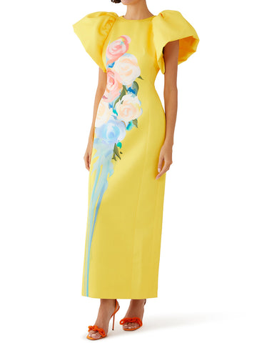 Short Sleeves Floral Printed Split-back Round-neck Maxi Dresses