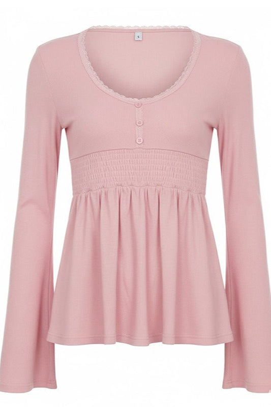 Casual Solid Deep V A Line Elastic Blouse