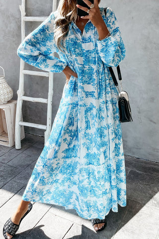 Vestido largo de manga larga con cuello en V y estampado floral 