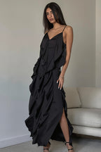 Chic Ruffle Trim V Neck Cami Slip Maxi Dress