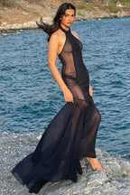 Halter Cutout Back Mesh Sheer Slim Maxi Dress
