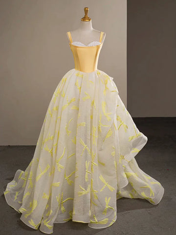 A-Line Sweetheart Neck Satin Tulle Lace Yellow Long Prom Dress Quinceanera Dress