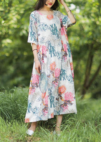 Batas holgadas de lino 100% con cuello redondo, vestido blanco estampado. 