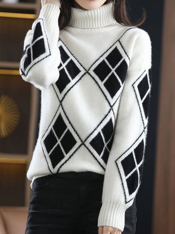 Casual Long Sleeves Loose Plaid High-Neck Sweater Tops