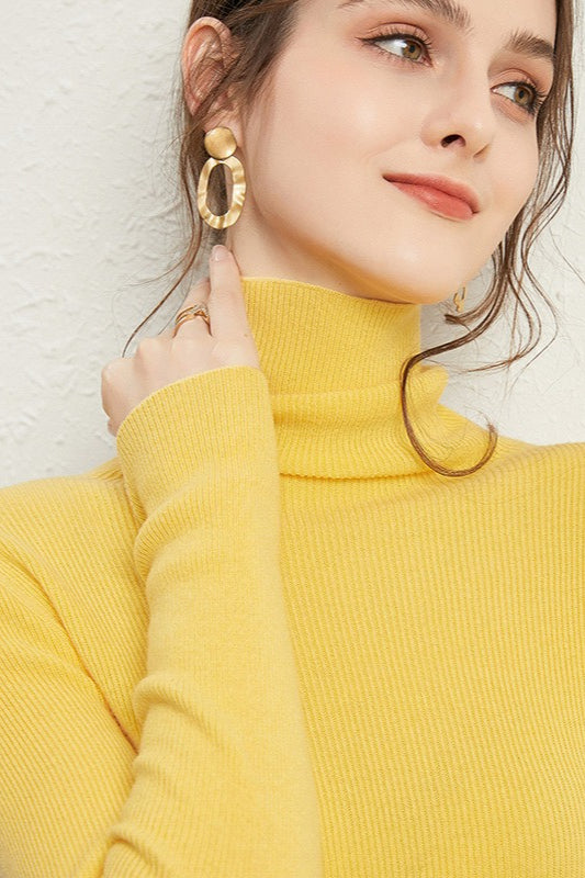 Ribbed Turtleneck Long-Sleeve Slim Stretch Knit Top