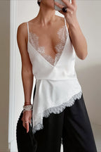 Sexy Satin V Neck Lace Slit Cami Top