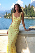 Casual U Neck Floral Print Ruched Cami Maxi Dress