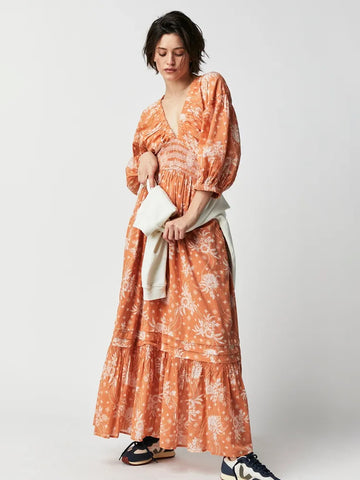 A-Line Flowy Dress Printed V-Neck Puff Sleeves Casual Summer Maxi Dresses