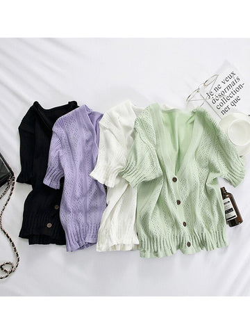 T-shirts Women V-Neck Button Up Tees Short Sleeve Casual T-shirts Knitted Cadigans Crop Tops For Women 2024 Summer Tee