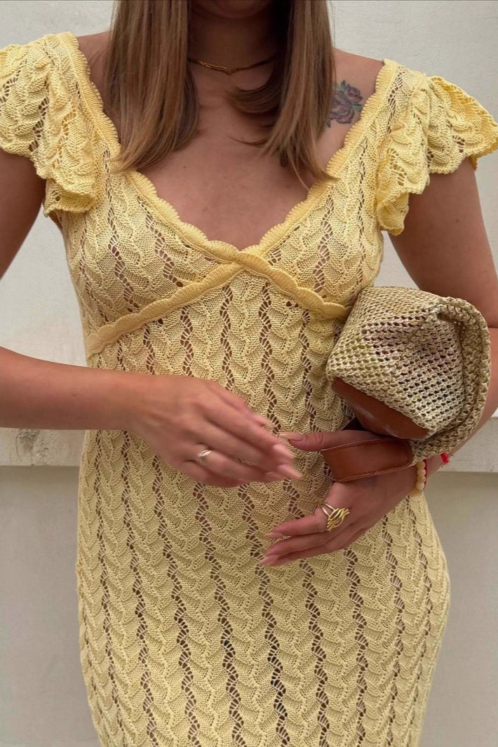 Knit V-Neck Backless Ruffle Maxi Dress