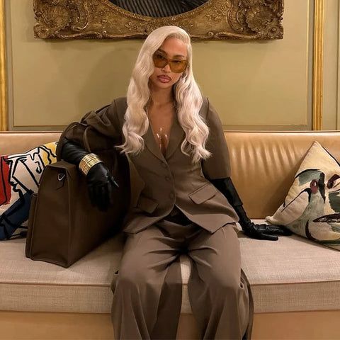 Blazer mit Puffärmeln, weite Hose, zweiteiliges Büro-Set 