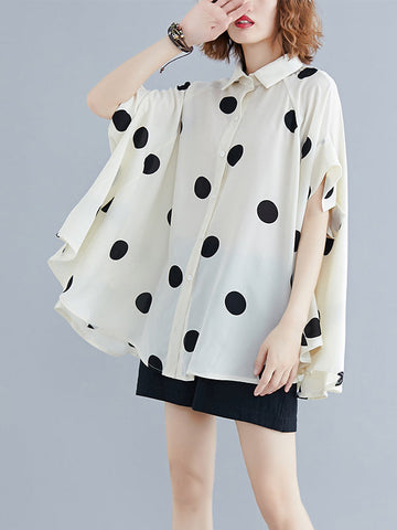 Fledermausärmel Lose Polka-Dot Revers Blusen &amp; Hemden Tops 