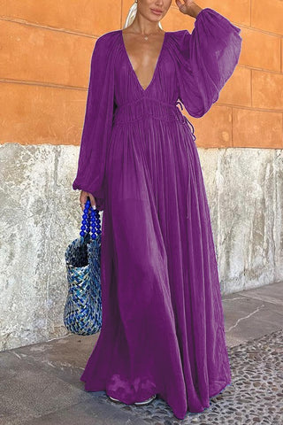 Vestido largo de gasa con cintura fruncida y fruncido 