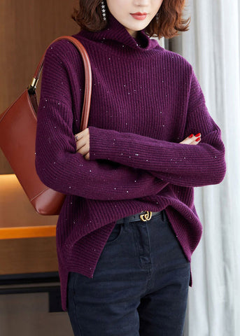 Italienische Lila Hign Neck Pailletten Strick Pullover Pullover Winter 