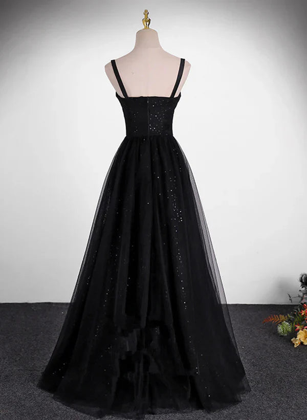 Vestido de noche largo sencillo con tirantes de tul, lentejuelas/brillos y corte en A para fiesta de graduación