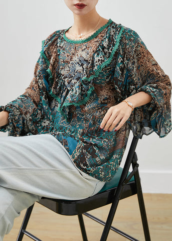 Boho Grün Rüschendruck Chiffon Tops Laternenärmel 