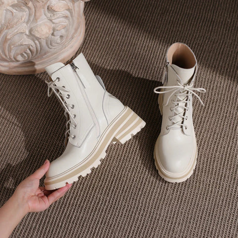 Botas de mujer otoño 2024, nuevas botas de tobillo de piel auténtica de estilo británico con suela gruesa y cordones, botas de plataforma para mujer 