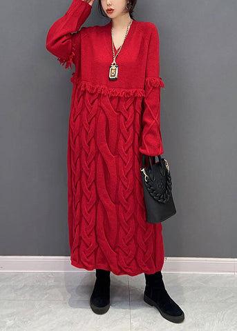 Vestido suéter suelto de punto con borlas y cuello en V rojo para mujer para invierno 