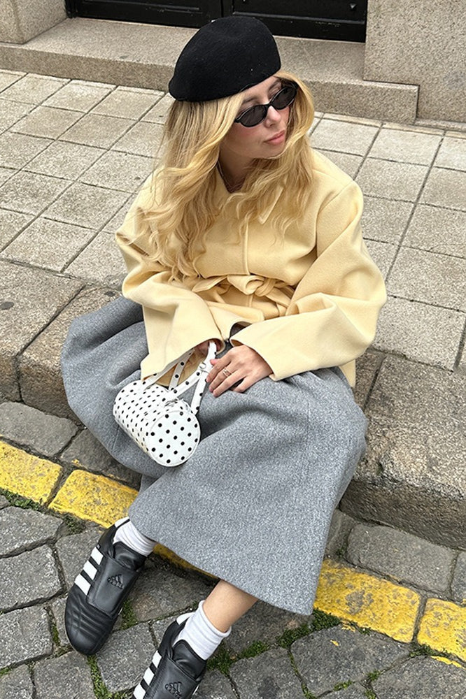 Solid Color Belted Midi Wool Blend Coat