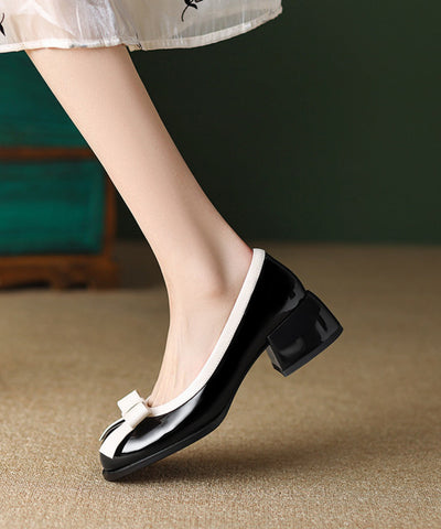 Edle schwarze Schleife Splicing Chunky Schuhe Kunstleder 