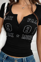 Sexy Letter Print V Neck Slim T-shirt