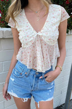 Solid V Neck Floral Mesh Blouse