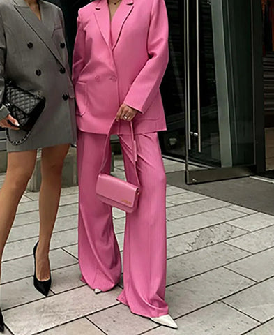 Conjunto de dos piezas para oficina, blazer, pantalones y bolsillos con estampado rosa 