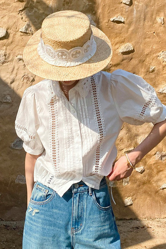 Chic Stripe Lace Puff Sleeve Blouse