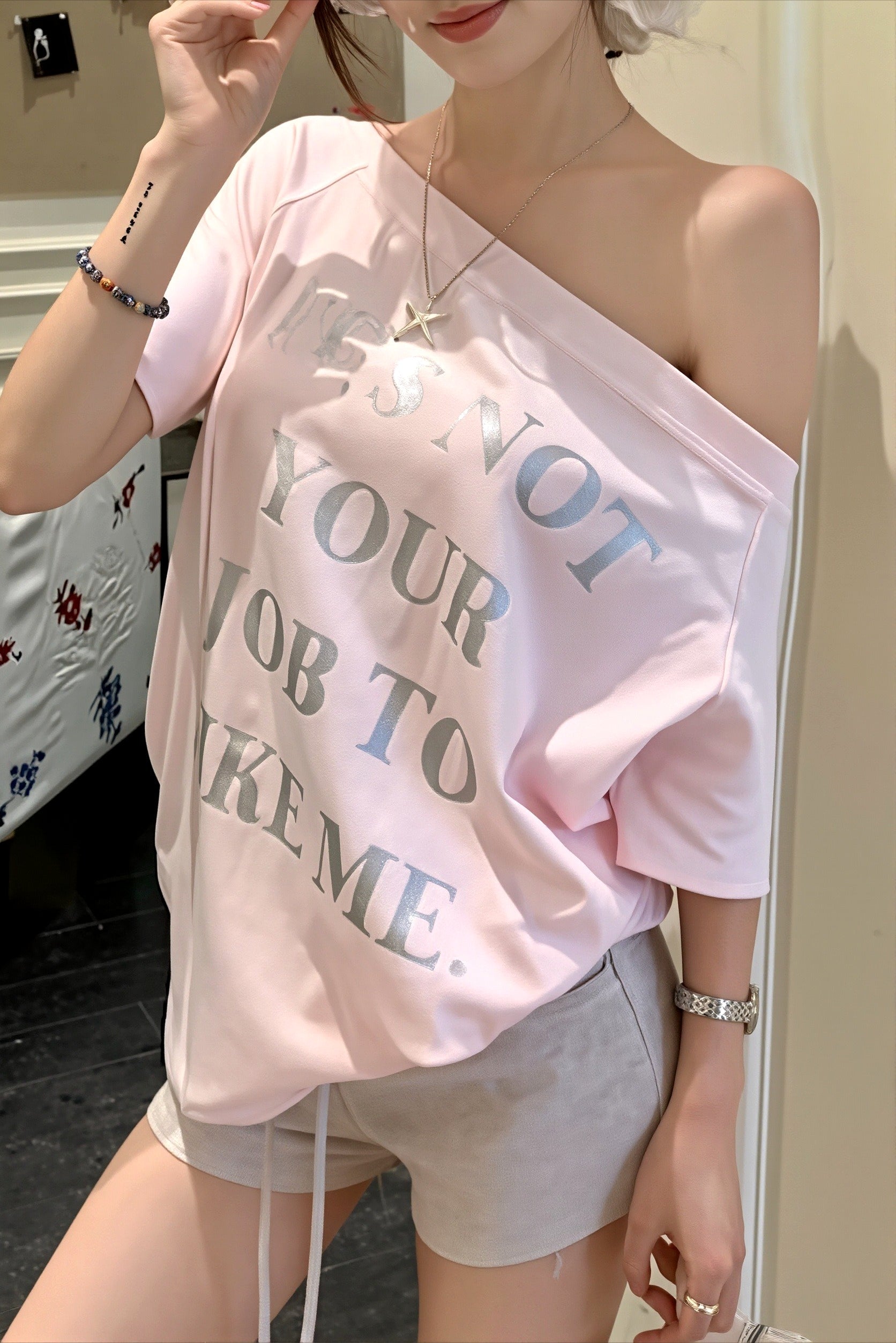 Letter Print Pink Off‑Shoulder T‑shirt