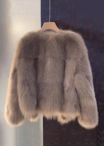 Frauen Kaffee Knopf Leder und Pelz Mantel Langarm 