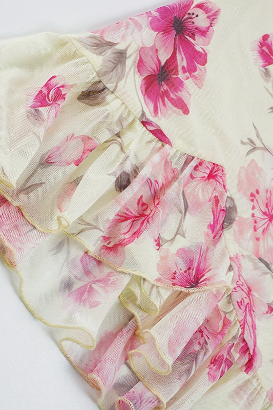 Ruched V Neck Floral Mesh Cami Top