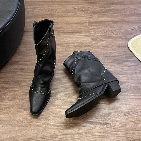 Damen Cowgirl-Stiefel, modisch, zum Reinschlüpfen, elegant, quadratischer Absatz, kurze Stiefel, Schuhe, Retro, Damen, Winterschuhe 