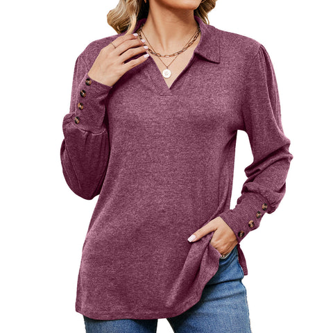 Camiseta holgada de manga larga con cuello tipo polo y botones para mujer de otoño e invierno 