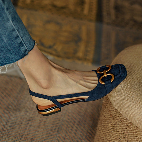 Blue Suede Square Toe Flat Sandals Solid Metallic Buckle Upper Slingback Pumps