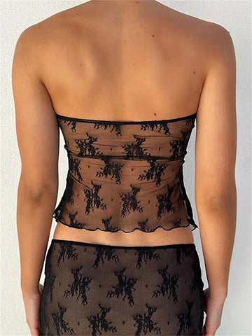 Bustiers de encaje, corsés sin tirantes, hombros descubiertos, tops de tubo, fiesta, malla transparente, camiseta de tirantes, mini chaleco de verano 2024, nuevo 
