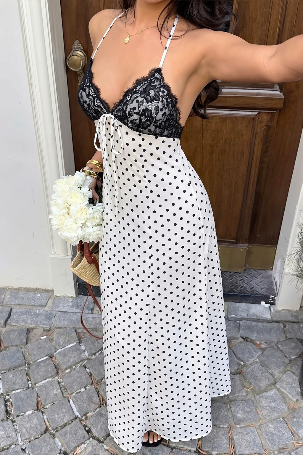 Elegant Polka Dot Halter Lace Spliced Back Tie Slimming Maxi Dress