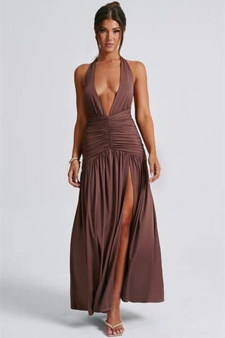Vestido largo Norma con cuello en V profundo y cuello halter 