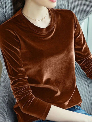Spring Long Sleeve Loose Early Autumn T-shirt Women Gold Velvet Short Paragraph Bottoming Shirt New Fashion Top