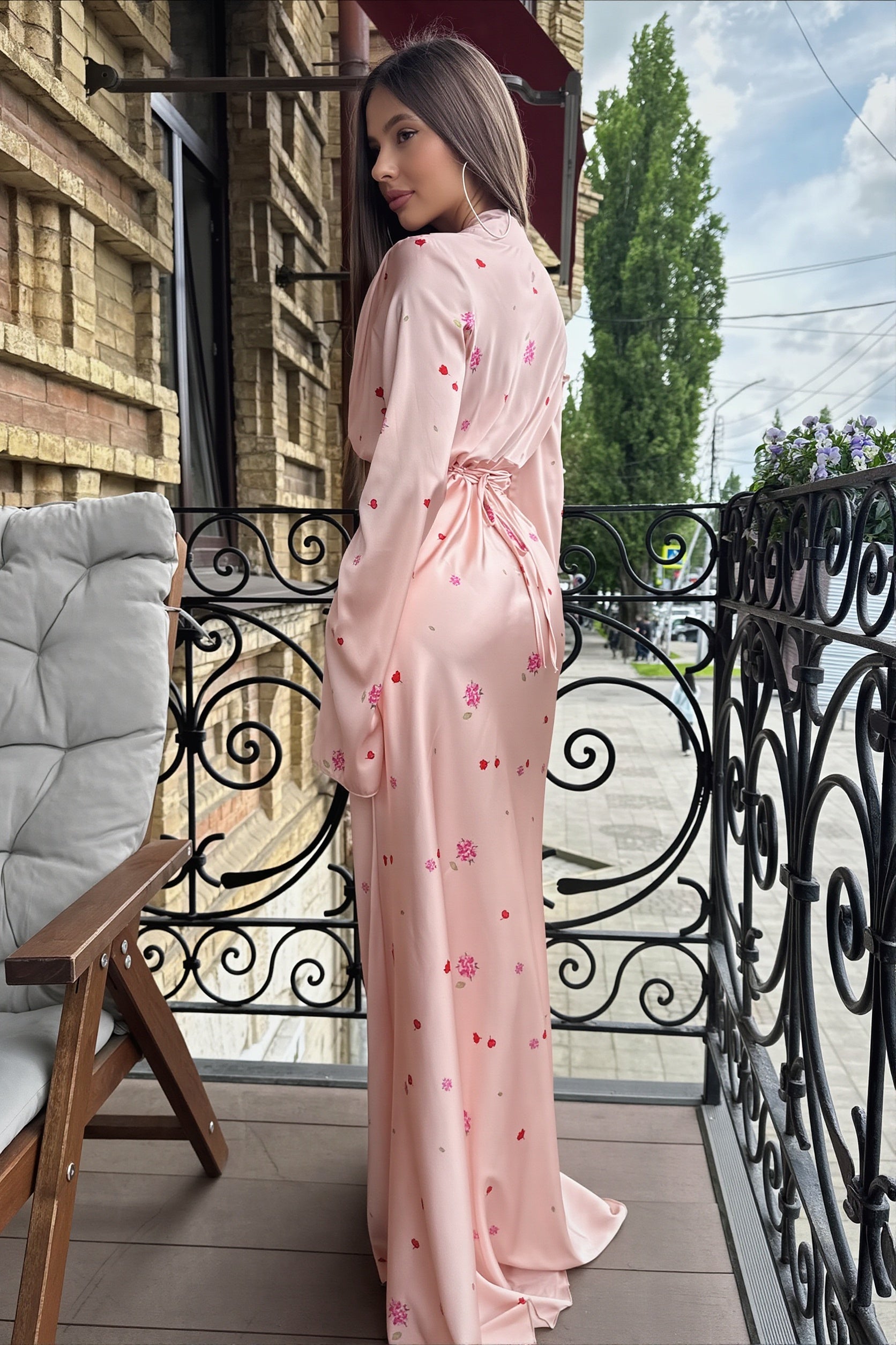 Satin Floral Long Sleeve Bodycon Maxi Dress