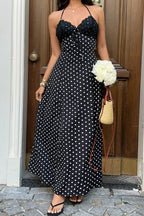 Elegant Polka Dot Halter Lace Spliced Back Tie Slimming Maxi Dress