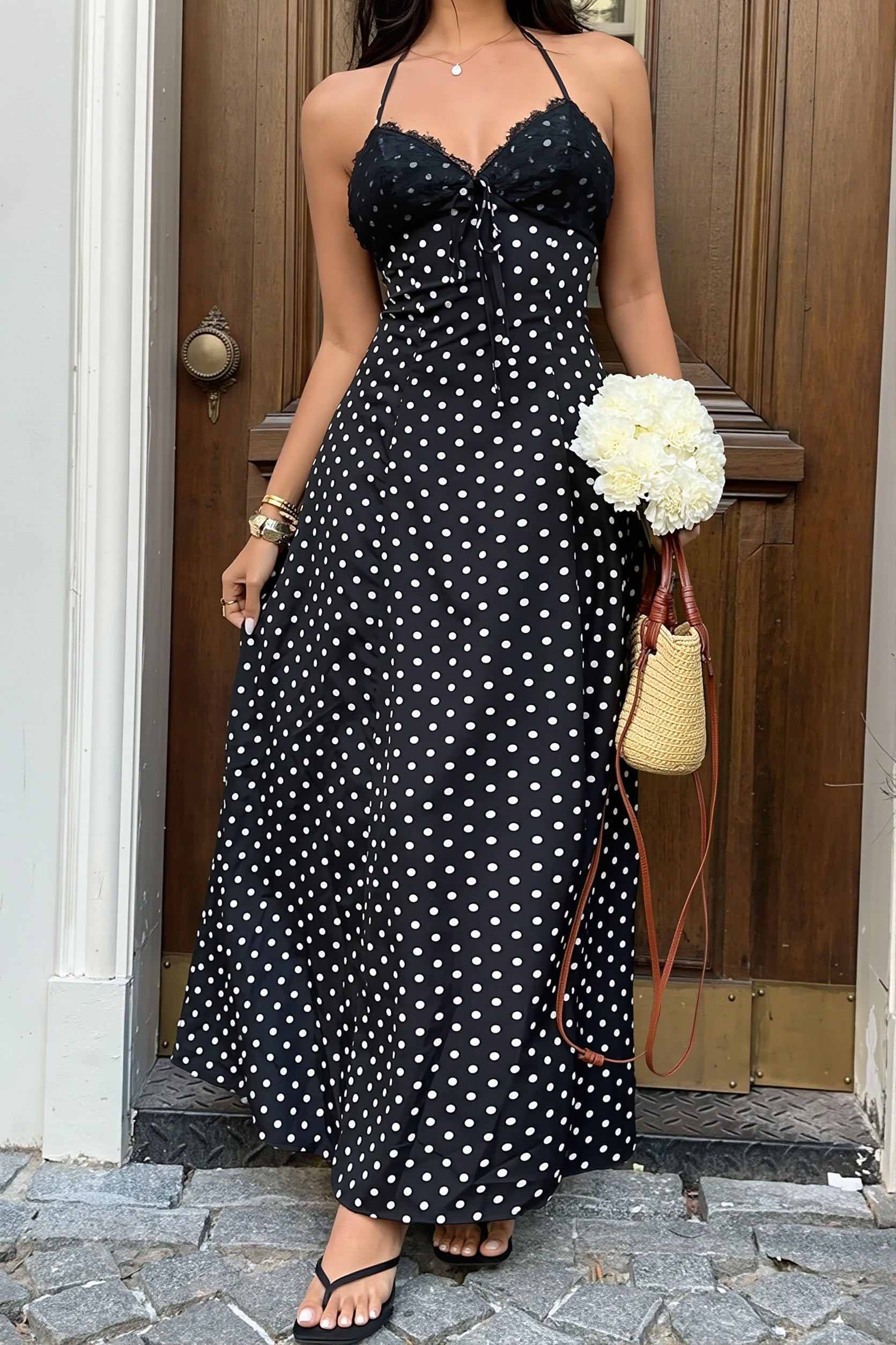 Elegant Polka Dot Halter Lace Spliced Back Tie Slimming Maxi Dress